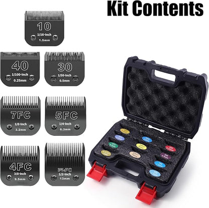 7 Pack Detachable Dog Grooming Steel Blades with Blade case Holder,Compatible with Andis,Oster A5,Wahl KM-10 Series,Cutting Length 1/100" to 1/2"(10+30+40+7FC+5FC+4FC+3-3/4FC-black)