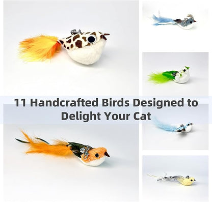 11 PCS Multi-Functional Cat Toy Replacement Heads – Realistic Handmade Bird Teasers with Bells & Detachable Clip, for Interactive Play, Indoor Enrichment & Home Decoration