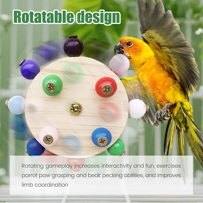 Bird Spinner Toys for Parrots with Bells,Natural Wood Parakeet Toys for Cage,Bird Cage Accessories Chewing Hanging for Small and Medium Birds,Cockatiel,Conure,Lovebird,Budgie,Quaker（2pcs）