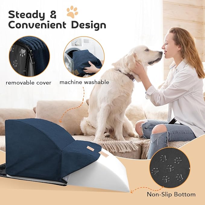 Mestuel 2-Tiers Extended Dog Stairs Steps for Couch Sofa, Dog Stairs for Small Dogs, Pet Stairs Ramp Ladder Friendly to Small Old Joint Injury Dogs Cats,Non-Slip & Washable,Blue