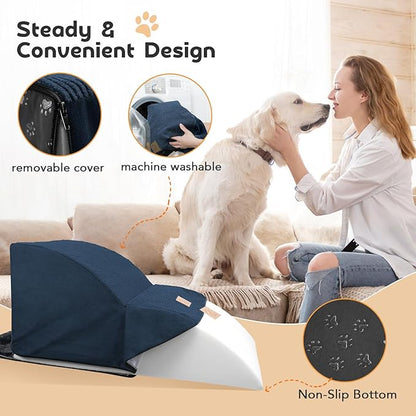 Mestuel 2-Tiers Extended Dog Stairs Steps for Couch Sofa, Dog Stairs for Small Dogs, Pet Stairs Ramp Ladder Friendly to Small Old Joint Injury Dogs Cats,Non-Slip & Washable,Blue