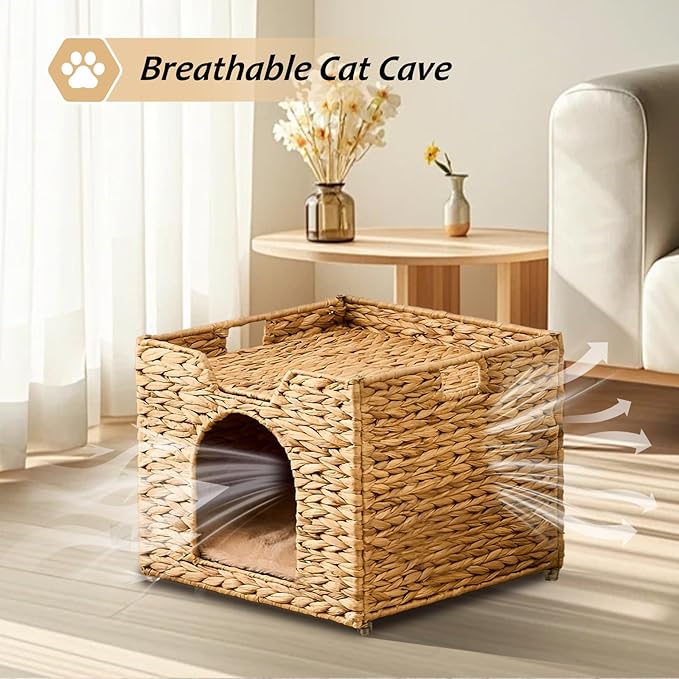 Cat Houses for Indoor Cats, Handwoven Cat Cave Pet Cube, Natural Pet Cat House, Cat Beds with Double-Sided Mat, Cat Condo Hideaway in Living Room Bedroom
