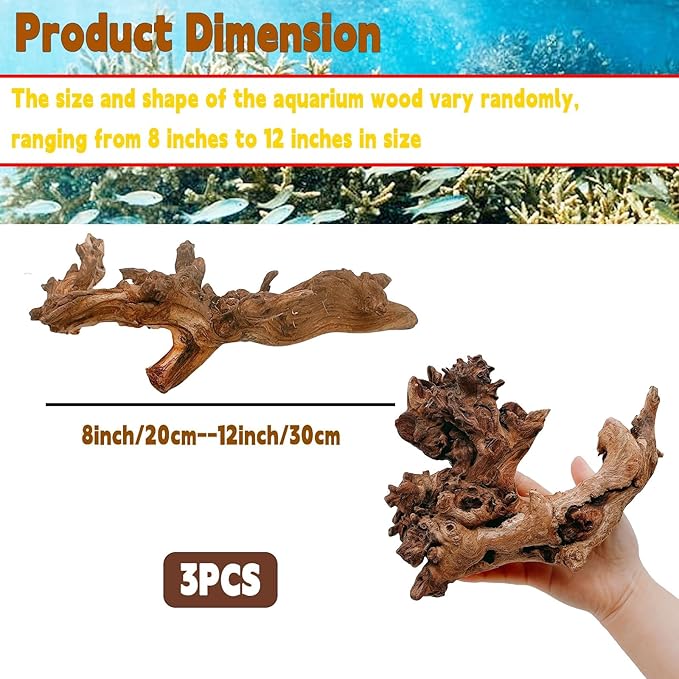 Hamiledyi Aquarium Driftwood 3PCS Natural Trunk Driftwood Assorted Branches 8-12" Reptile Wood Decor Terrarium Ornament Fish Tank Decoration