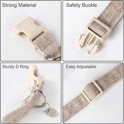 DOGWONG Cotton Hemp Dog Collar, Heavy-Duty Khaki Dog Collar Adjustable Soft Natural Fabric Pet Cute Wedding Puppy Necklace for Small Medium Large Dogs