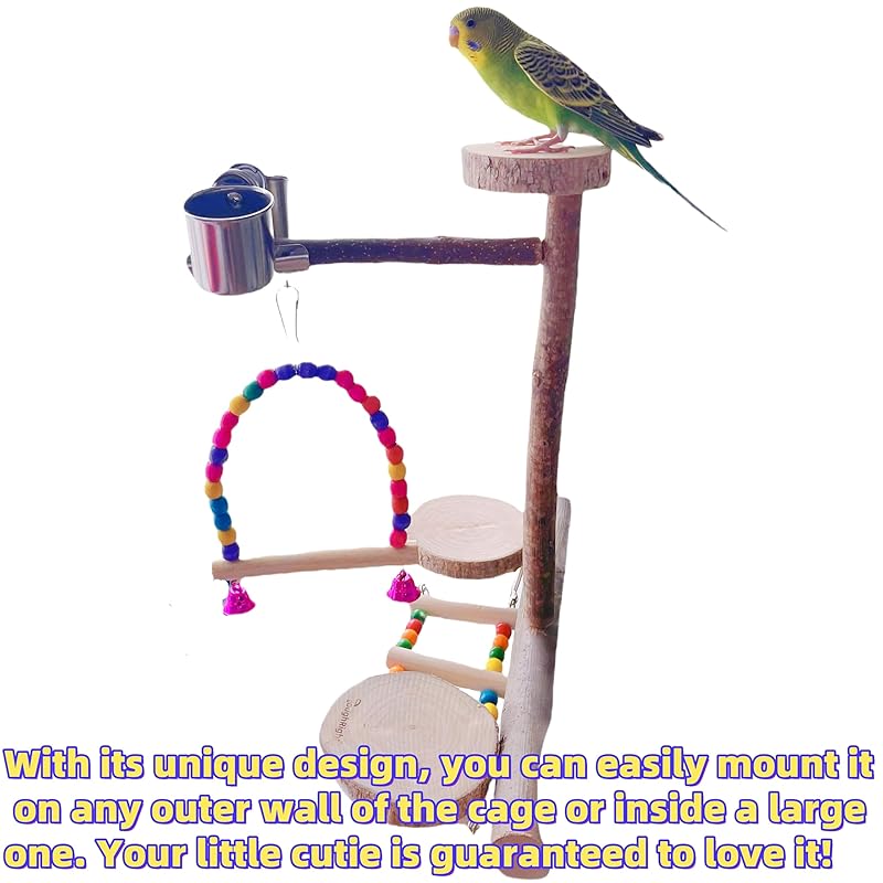Natural Wood Bird Perch Playground for Outside the Cage Wall, Bird Platform and Play Area for Small to Medium Parrots like Cockatiels, Conures, Parrotlets, Lovebirds, and Budgies, Bird Cage Accessory