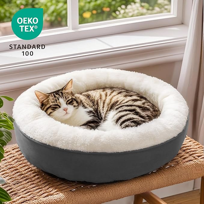 Love's cabin Round Donut Cat and Dog Cushion Bed, 20in Pet Bed for Cats or Small Dogs, Anti-Slip & Water-Resistant Bottom, Super Soft Durable Fabric Pet beds, Washable Luxury Cat & Dog Bed Dark Grey