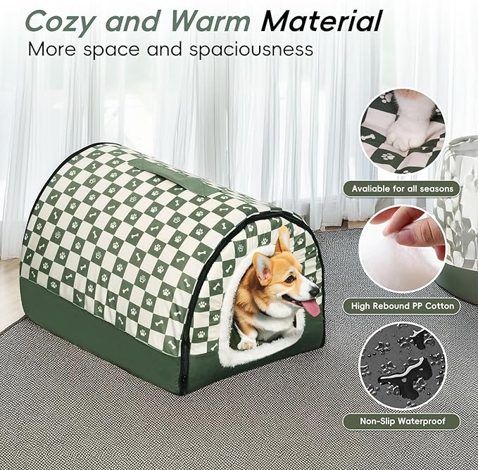 Dog House Indoor, Cozy Dog Cave Bed with Door Curtain, Cushion Mat, Removable and Washable Cover, Multi-Purpose Covered Dog Bed & Cat House for Cats and Small Dogs