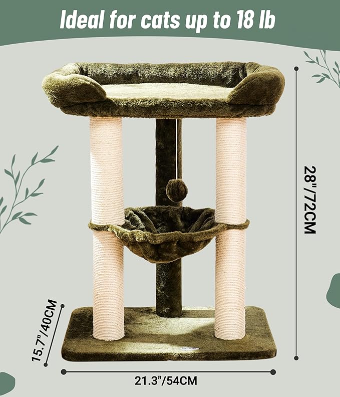 Happi N Pets 28" Large Cat Tree Tower for Indoor Cats, Cat Scratch Post with Large Bed for Maine Coon Big Cats, Sisal Cat Scratcher with Soft Perch & Hammock, Stable Cat Stand, Removable Cover-Green
