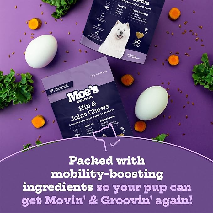 Moe_ Dog Joint Supplement 90 Soft Chews  Glucosamine, Chondroitin & Hyaluronic Acid with Vitamins C & E  Advanced Hip and Joint Support for Dogs  Ideal for Bone Health & Joint Pain Relief