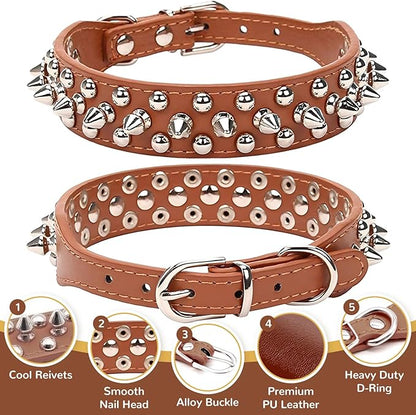PETCARE Spiked Dog Collar Brown Soft Pu Leather Funny Mushrooms Rivet Spike Studded Puppy Collar Adjustable Outdoor Pet Dog Collar for Small Medium Large Dogs Cats Chihuahua Pug Pit Bull Dog Collars