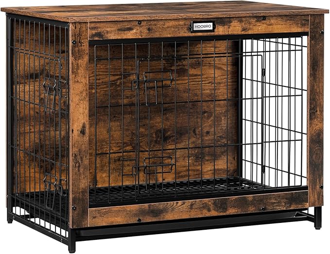 HOOBRO Dog Crate Furniture, 32.5" Medium Dog Kennel Indoor, Wooden Cage with Pull-Out Tray, Double Doors Pet House Side End Table for Medium/Small Dogs, Rustic Brown BF802GW03G1