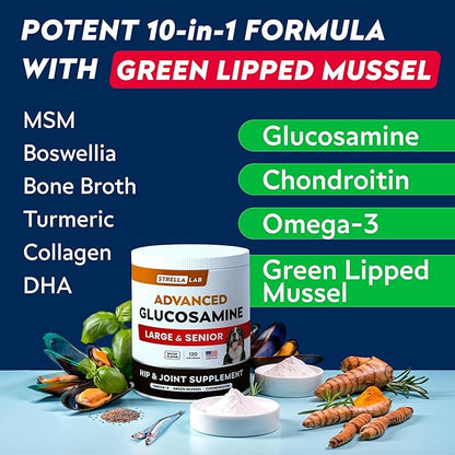 STRELLALAB Senior Advanced Glucosamine Joint Supplement for Dogs - Green Lipped Mussel & Collagen - Large Breeds - Hip & Joint Health - Bacon Flavor - 120 Chews