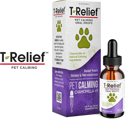 T-Relief Pet Calming Drops Natural Comfort Remedy & Nervousness Relief with Chamomile + 9 Homeopathic Stress Relieving Active Ingredients - Relaxing Herbal Blend for Dog & Cat - 1.69 oz