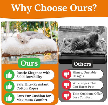 Cat Window Perch - Hammock Bed for Cats Inside - Solid Wood Seat, 4 Strong Suction Cups, Soft Cushion - Rustic Indoor Pet Shelf