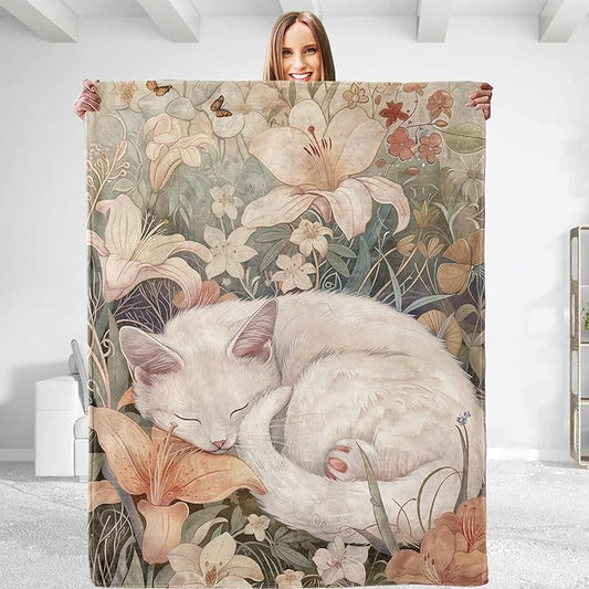 Sleeping Cat Throw Blanket - Soft Plush Flannel Blanket, Lightweight, Comfy, Warm, Fuzzy, Anti-Pilling for Sofa, Bedroom, Bed, Outdoor Blanket for Men Boy 80in×60in