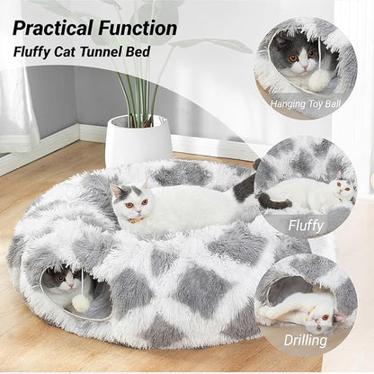 LUCKITTY Warm Fluffy Plush Cat Dog Tunnel Bed with Washable Cushion- Big Tube Playground Toys 3 FT Diameter Collapsible, for Indoor Cat Kitty Kitten Puppy Rabbit Ferret Gray-White Diamond Pattern