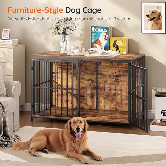 HOOBRO 46.5" Large Dog Crate Furniture, Wooden Dog Kennel Indoor, Chew-Resistant Heavy Duty Dog Cage for Large/Medium Dog, Decorative Side End Table, Rustic Brown and Black BF120GW03