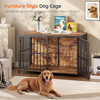 HOOBRO 46.5" Large Dog Crate Furniture, Wooden Dog Kennel Indoor, Chew-Resistant Heavy Duty Dog Cage for Large/Medium Dog, Decorative Side End Table, Rustic Brown and Black BF120GW03