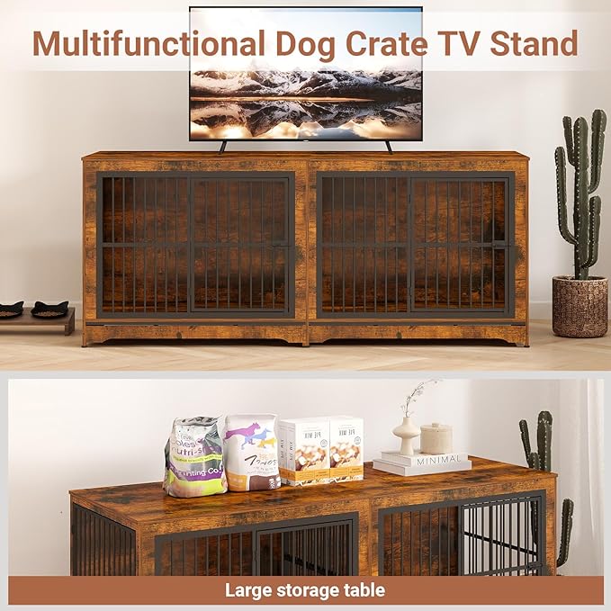 86 Inch Double Dog Crate Furniture with Divider, 4 Combination Forms Large Dog Kennel Furniture for 2 Dogs, Rustic Brown Corner Dog Kennel for Small Medium Large Dogs