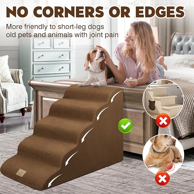 Mestuel Dog Stairs for High Bed 22.8'' H, 5 Steps Dogs Stairs for Bed, Pet Stairs for Small Large Dogs to Couch, Pet Ladder with High Density Foam, Non-Slip Balanced Dog Ramp, Brown