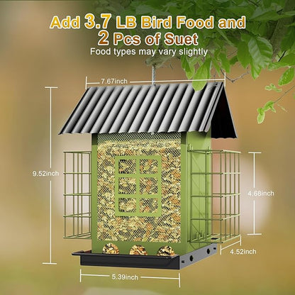 Bird Feeders for Outdoors Hanging, Metal Bird Feeder with Double Suet Cage Cake, Large Capacity, Birdfeeders Sturdy & Weatherproof, Easy to Clean & Refill, Great for Attracting Wild Birds