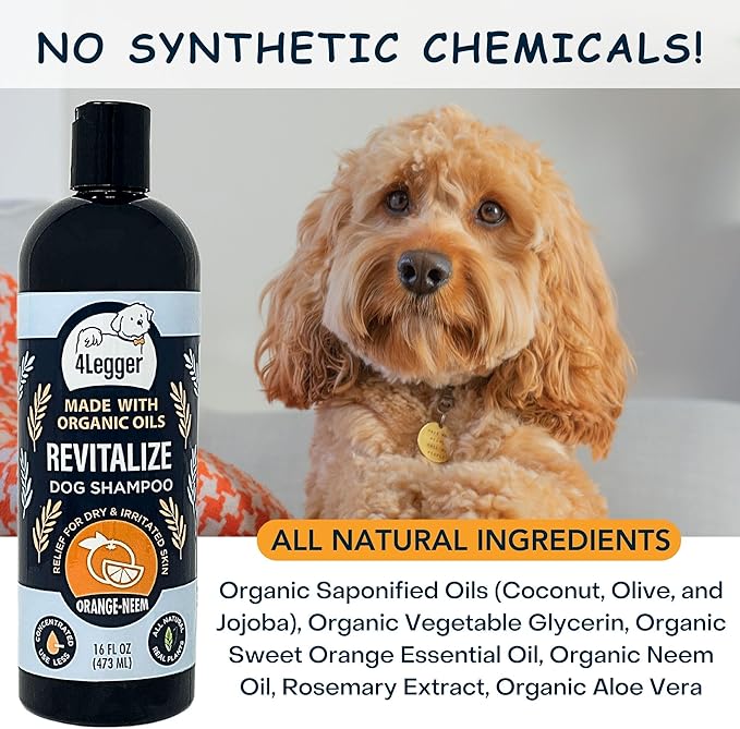4 Legger Certified Organic to Food Standards Revitalize Neem with Sweet Orange Essential Oil Pet Shampoo 16 oz
