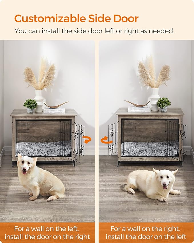 Feandrea Dog Crate Furniture, 32.5" Side End Table, Modern Kennel for Dogs Indoor up to 45 lb, Heavy-Duty Dog Cage with Multi-Purpose Removable Tray, Double-Door Dog House, Greige UPFC002G01