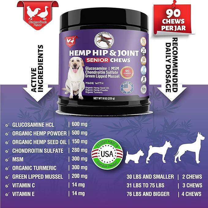 Mobility Hemp Oil Hip & Joint Supplement for Senior Dogs Chondroitin Glucosamine MSM Turmeric Green Lipped Mussel Extra Strength Formula for Dog 90 Chews