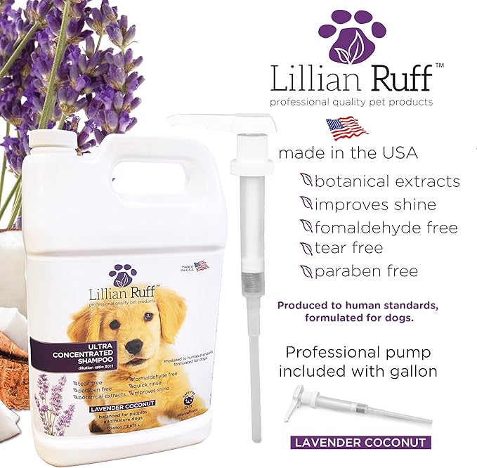 Lillian Ruff High Concentrate Professional Grooming Shampoo for Dogs with Hydrating Essential Oils  30:1 Concentration for Bathing System - Clean, & Deodorize Dry, Sensitive Skin (Gallon/Pump)