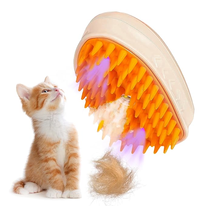 4 in 1 Steam Brush for Cats & Dogs - Rechargeable Massaging & Cleaning Brush for Long & Short Haired Pets (Orange)