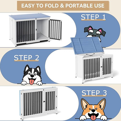 33in Furniture Dog Crate, Large/Medium Dog Crate End Table, Solid Wood Portable Foldable Indoor, No Assembly Needed (White and Blue)