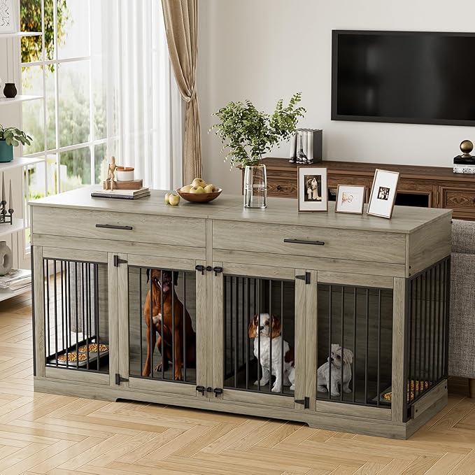 Rophefx 72" Dog Crate Furniture for 2 Dogs, Large Double Dog Kennel Indoor Furniture with 2 Storage Drawers and Removable Divider, Wooden Dog Cage with 4 Bowls, Dog House TV Stand for Medium Dog, Grey