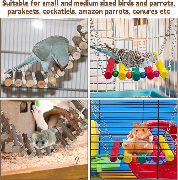 PINVNBY Bird Parakeet Toys, Bird Rope Ladder Swing Hammock Toys, Made of Natural Wood and Rope, Parakeet Cage Accessories for Parrot Budgie Conure Cockatiel (2 PCS)