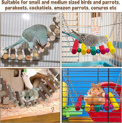 PINVNBY Bird Parakeet Toys, Bird Rope Ladder Swing Hammock Toys, Made of Natural Wood and Rope, Parakeet Cage Accessories for Parrot Budgie Conure Cockatiel (2 PCS)