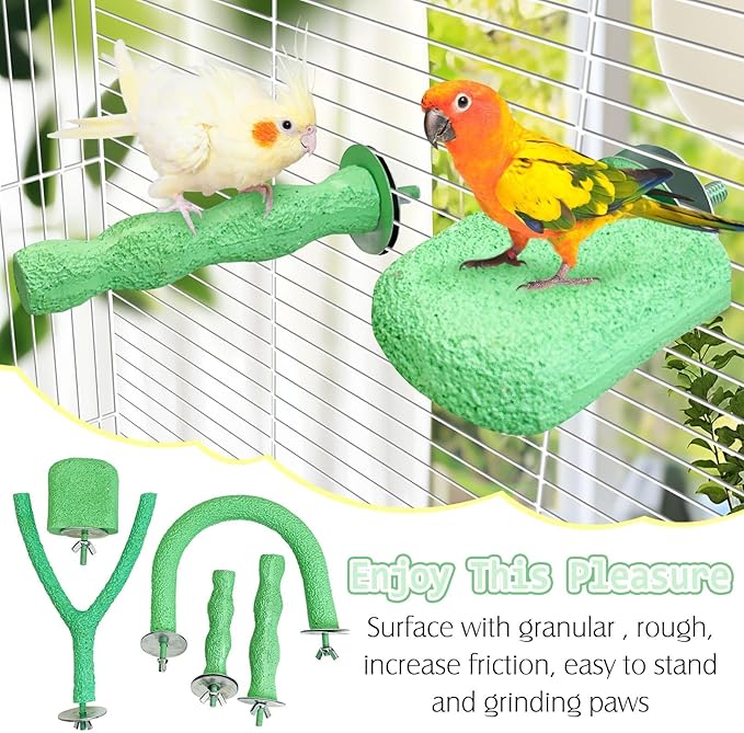 PINVNBY 5 Pack Bird Perch Resin Bird Beak Grinding Stone Parrot Cage Stand Platform Foot Claws Trimmer Chew Toy Cage Accessories for Budgie Cockatiel Conure Lovebird Finch (Green)