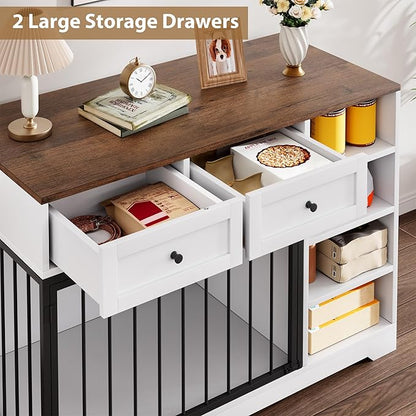 Dog Crate Furniture 47, Large Dog Crate TV Stand with 2 Drawers and 4 Shelves, Wooden Dog Kennel Indoor, Decorative Dog Cage with Storage for Large Dogs, White