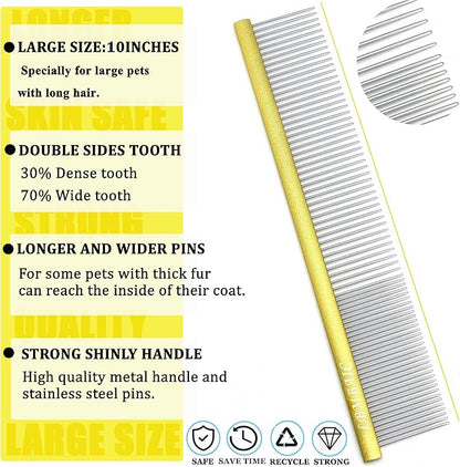 10inches Large Metal Dog Grooming Comb for Shedding Matted Hair for Large Dogs Metal Dog Comb with Long Wide Tooth for Poodles and Goldendoodles Reduce Tangles,Mats and Knots.(Gold)