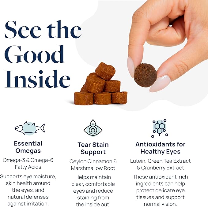 Veterinary Formula Eye Health Supplement for Dogs  Vet-Formulated Tear Stain Chews with Omega 3, Lutein & Cranberry  Smart Vitality Supports Eye Moisture, Stain Reduction & Immunity, 60 Soft Chews