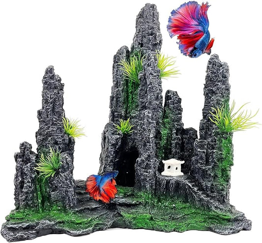 Aquarium Mountain View Stone Ornament - Rock Decorations for Large Fish Tank,Aquarium Decorations Large Fishtank Decoration for Fish Tank - 10.8 Inches Long