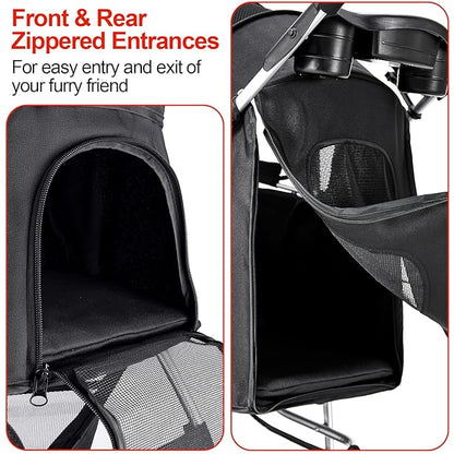 Pet Stroller, Cat Dog Stroller with Storage Basket Foldable Lightweight Dog Carrier Trolley Jogging Stroller, 3 Wheel, Balck