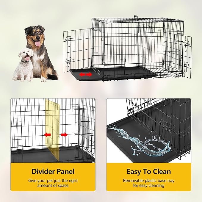 24/7 Shop at Home Gossamer Metal Double Door Folding Wire Pet Crate with Divider, Removable Tray, and Handle for Outdoor and Indoor Medium Dog, 48-inch, Black