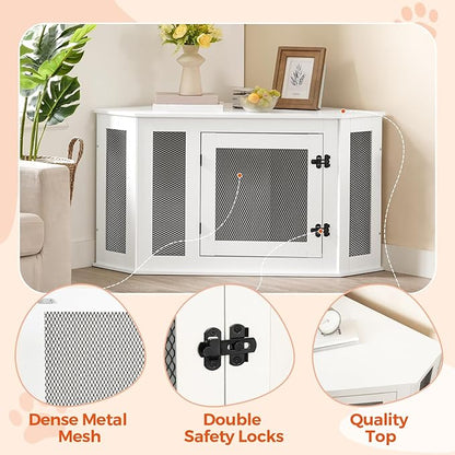 Corner Dog Crate Furniture, Wooden Dog Kennel End Table, Decorative Pet Crate Indoor Use, Furniture Style Dog House for Small Medium Dog, Dog Cage TV Stand, White and Black DCWT0801