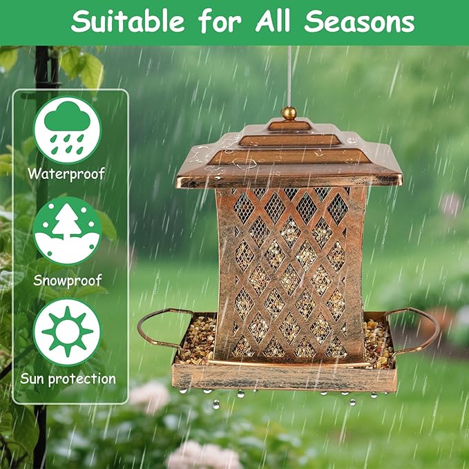 Outdoor Bird Feeder, Heavy Duty Retro Lamp Style Bird Feeders for Outside Hanging, Double Metal Mesh Birdfeeder with Lid Fixing Buckle, 3Lbs Capacity - Bronze