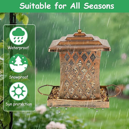 Outdoor Bird Feeder, Heavy Duty Retro Lamp Style Bird Feeders for Outside Hanging, Double Metal Mesh Birdfeeder with Lid Fixing Buckle, 3Lbs Capacity - Bronze