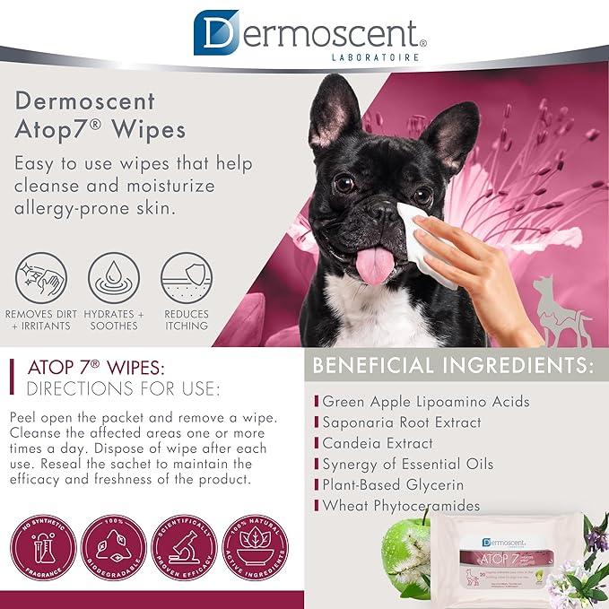 Dermoscent ATOP 7 Wipes for Dogs and Cats | Soothing Cleansing Care for Sensitive Skin | Travel-Friendly