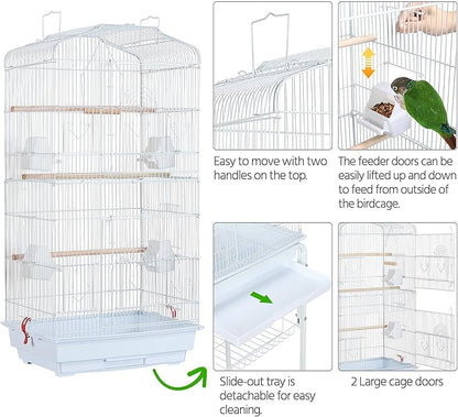 Yaheetech 64-inch Open Play Top Bird Cages for Parakeets Cockatiels Finches Lovebirds Canaries Conures Budgies Parrot Birdcage w/Detachable Rolling Stand, White