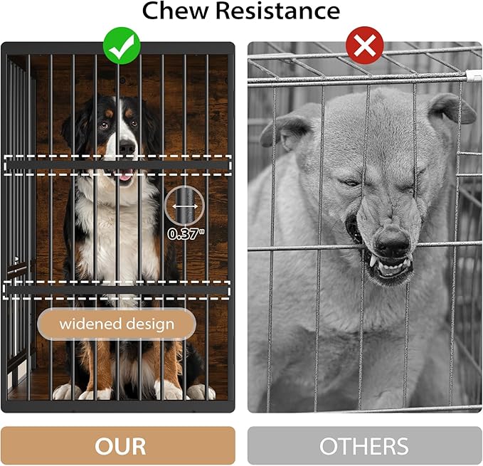 Rovibek 48 Inch Large Dog Crate with 2 Height Adjustable Dog Bowls 360° Rotatable, Cage Furniture for Large/Extra Large Dog Crate Indoor as End Table, Heavy Duty Dogs Kennel, Brown