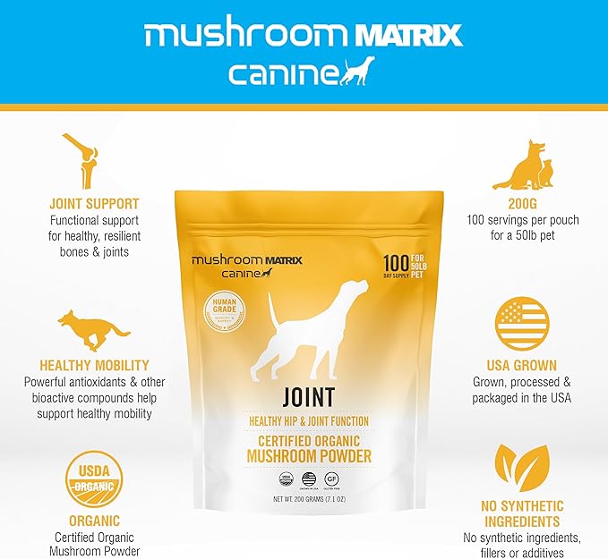 Om Mushroom Matrix Mushroom Joint & Hip Pet Supplement, Promotes Resilient Bones & Joints for Dogs & Cats, 200 Grams, 7.1 oz