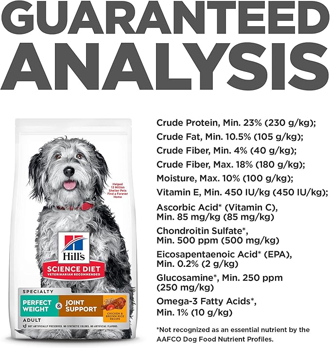 Hill's Science Diet Perfect Weight & Joint Support, Adult 1-6, Weight Management & Joint Support, Dry Dog Food, Chicken & Brown Rice, 25 lb Bag