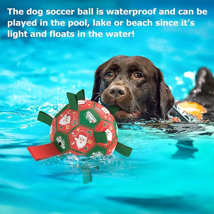 QDAN Christmas Dog Soccer Balls with Straps, Interactive Dog Toys for Tug of War, Puppy Birthday Gifts, Dog Tug Toy, Dog Water Toy, Durable Dog Balls for Small & Medium Dogs（6 Inch）